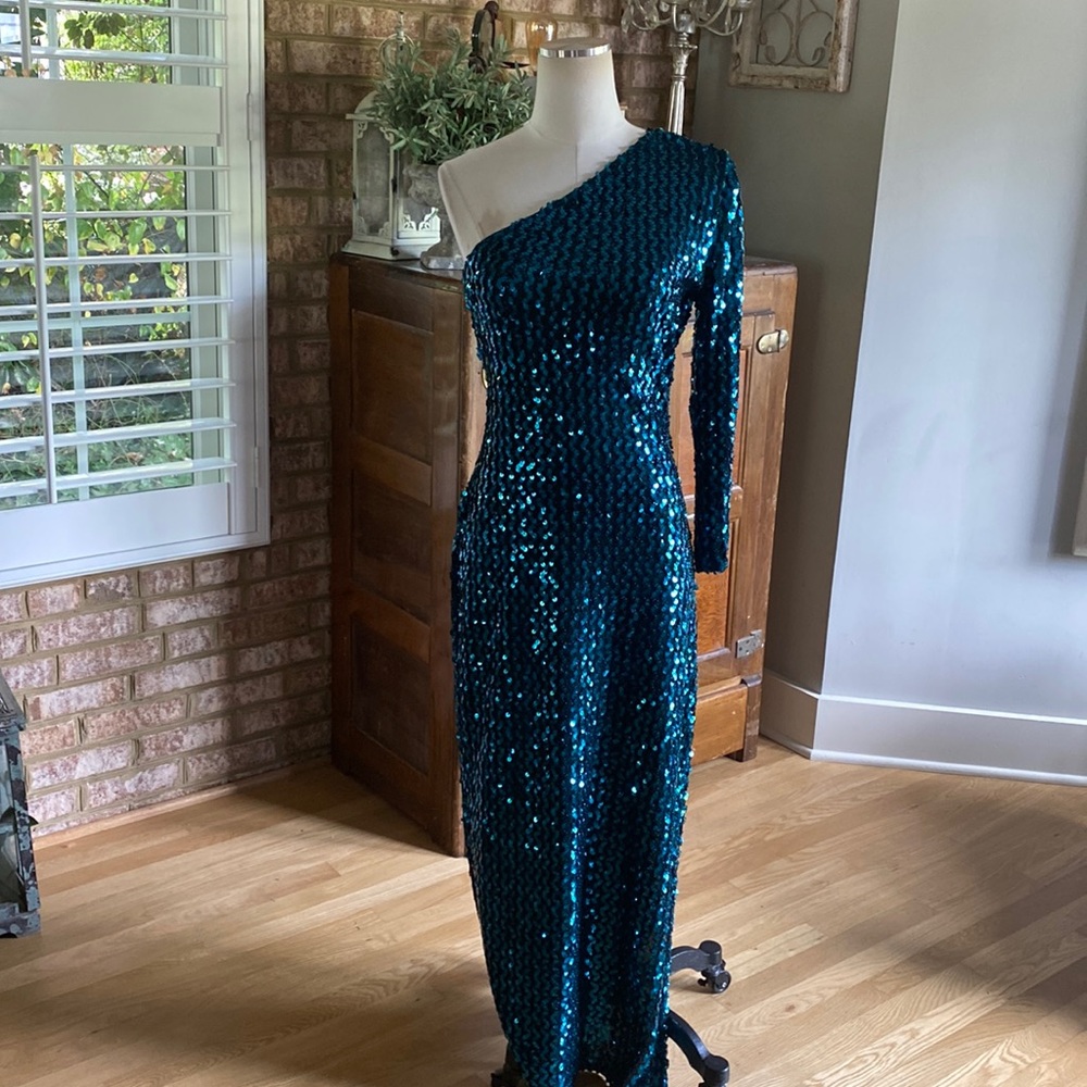 CLIMAX BY DAVID HOWARD VINTAGE ONE SHOULDER SEQUIN DRESS